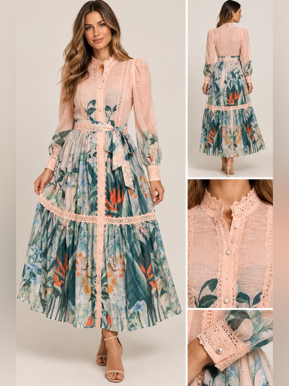 Boho Romantic Lace-Trim Floral Maxi Dress - Peach & Green Small See Description